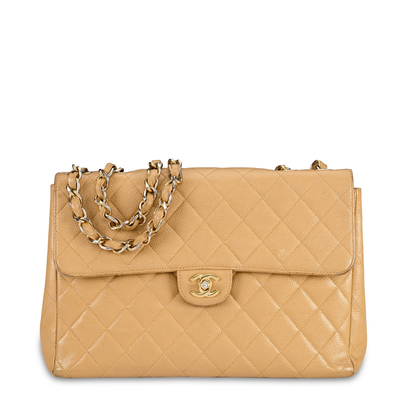 A BEIGE QUITED CAVIAR LEATHER JUMBO SINGLE FLAP BAG WITH GOLD HARDWARE CHANEL, 2002-2003: Details GRADE: 3.5 30 w x 19 h x 9 d cm Includes Christie's dustbag.