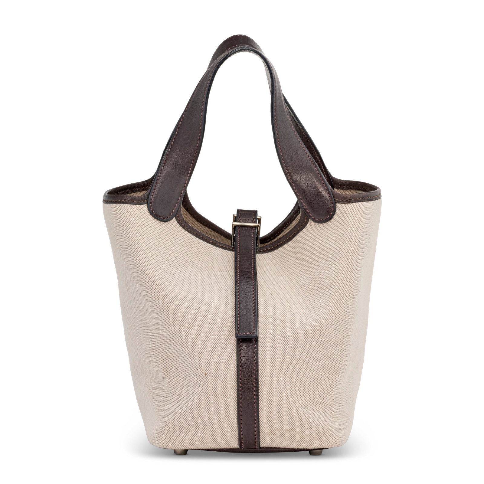 AN EBENE EVERCALF LEATHER & ECRU TOILE CANVAS PICOTIN 18 WITH PALLADIUM HARDWARE HERMÈS, 2002: Details GRADE: 2 18 w x 18 h x 14 d cm Includes dust bag and a silk twilly.