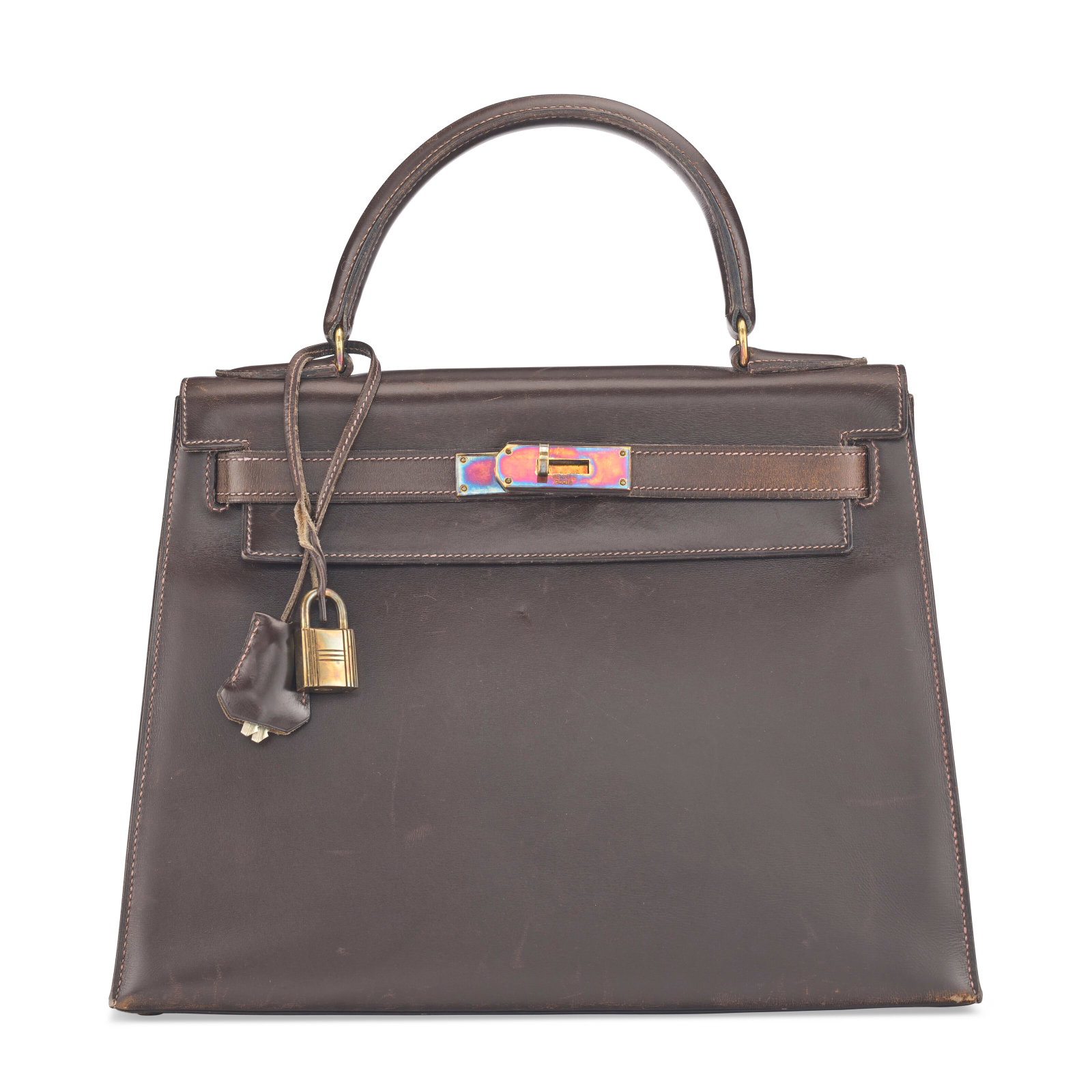 A MARRON FONCÉ CALF BOX LEATHER SELLIER KELLY 28 WITH GOLD HARDWARE HERMÈS, 1955 (1 of 5)