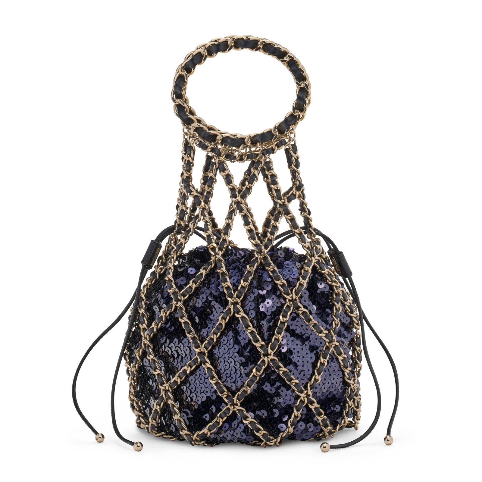 A MÉTIERS D'ART PARIS-CHENONCEAU RUNWAY BLACK SEQUIN & CHAIN NET BAG WITH GOLD HARDWARE CHANEL,: Details GRADE: 1.5 19 w x 24 h x 4 d cm Includes dust bag.