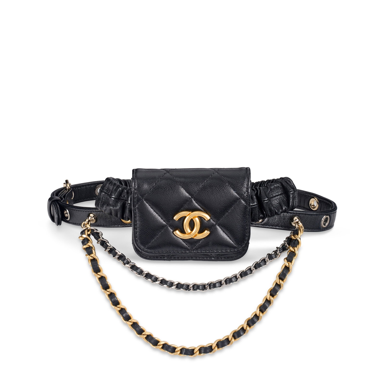 A BLACK QUILTED LEATHER CC GARTER BELT MICRO FLAP BAG WITH GOLD & SILVER HARDWARE CHANEL, 2021 (1 of 4)