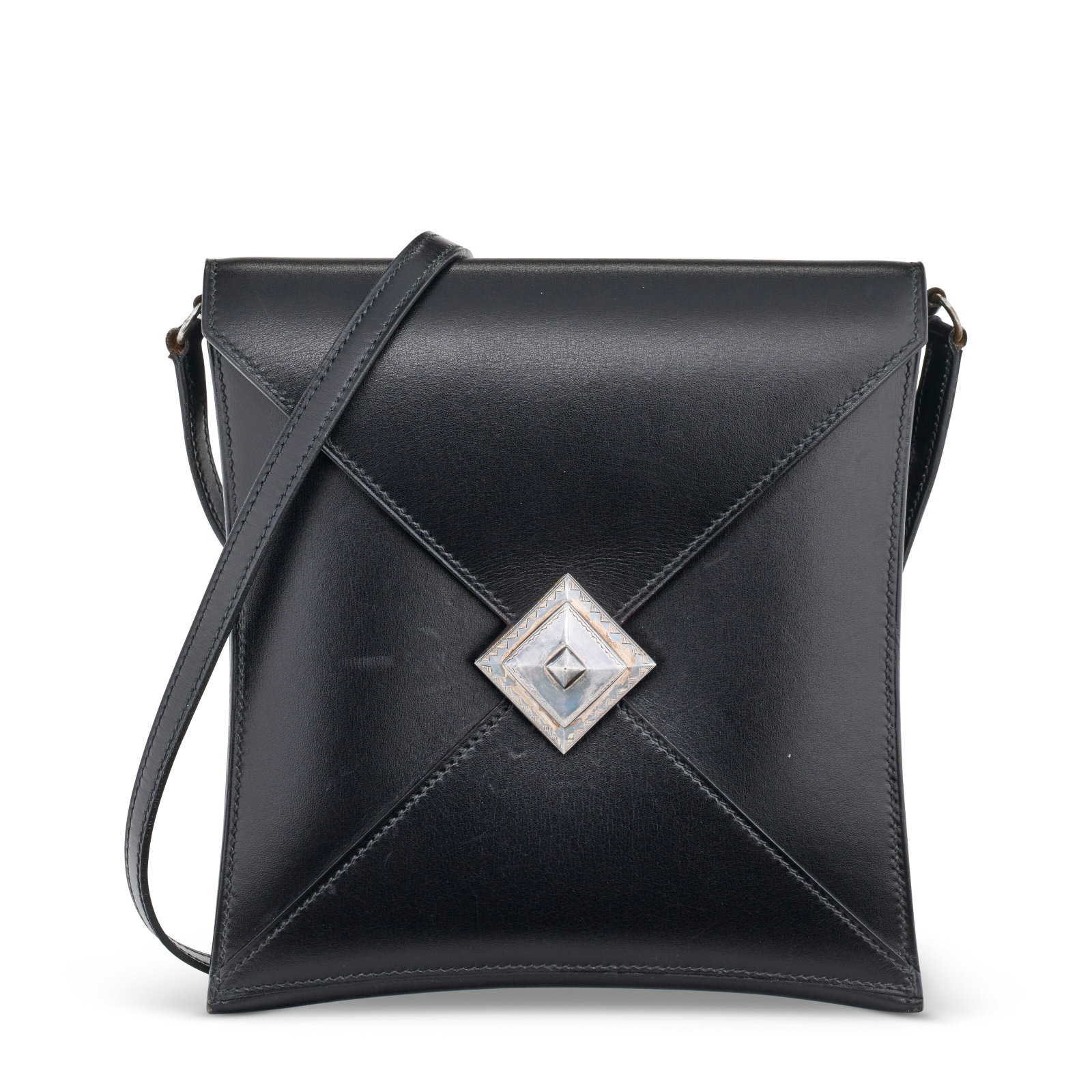 A RARE BLACK CALF BOX LEATHER IWILL WITH STERLING SILVER TOUAREG HARDWARE HERMÈS, CIRCA 1997: Details GRADE: 3 18 w x 18 h x 3 d cm Includes dustbag and box..