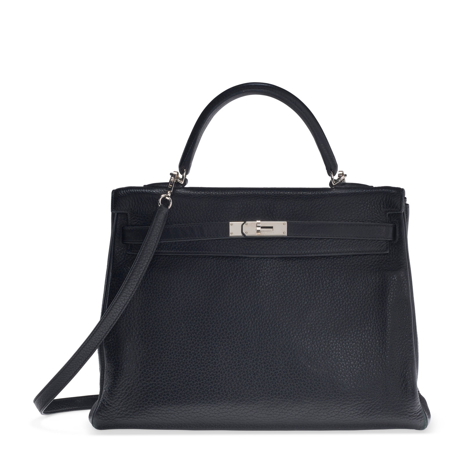 A BLACK CLÉMENCE LEATHER RETOURNÉ KELLY 35 WITH PALLADIUM HARDWARE HERMÈS, 2012: Details GRADE: 3 35 w x 25 h x 13 d cm Includes shoulder strap and Christie's dust bag.