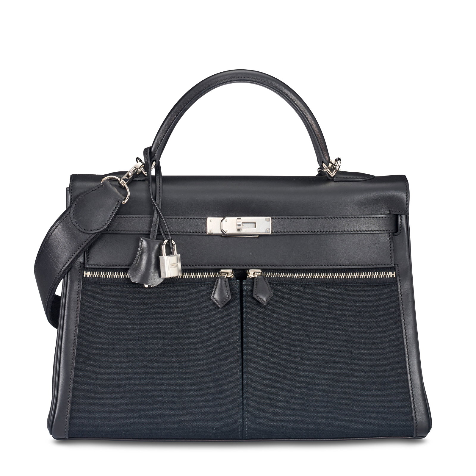 A LIMITED EDITION BLACK CALF BOX LEATHER & OFFICIER CANVAS LAKIS KELLY 35 WITH PALLADIUM HARDWARE: Details GRADE: 1.5 35 w x 25 h x 13 d cm Includes lock, two keys, clochette, clochette dustbag, shoulder strap, strap dustbag and Christie's dustbag.