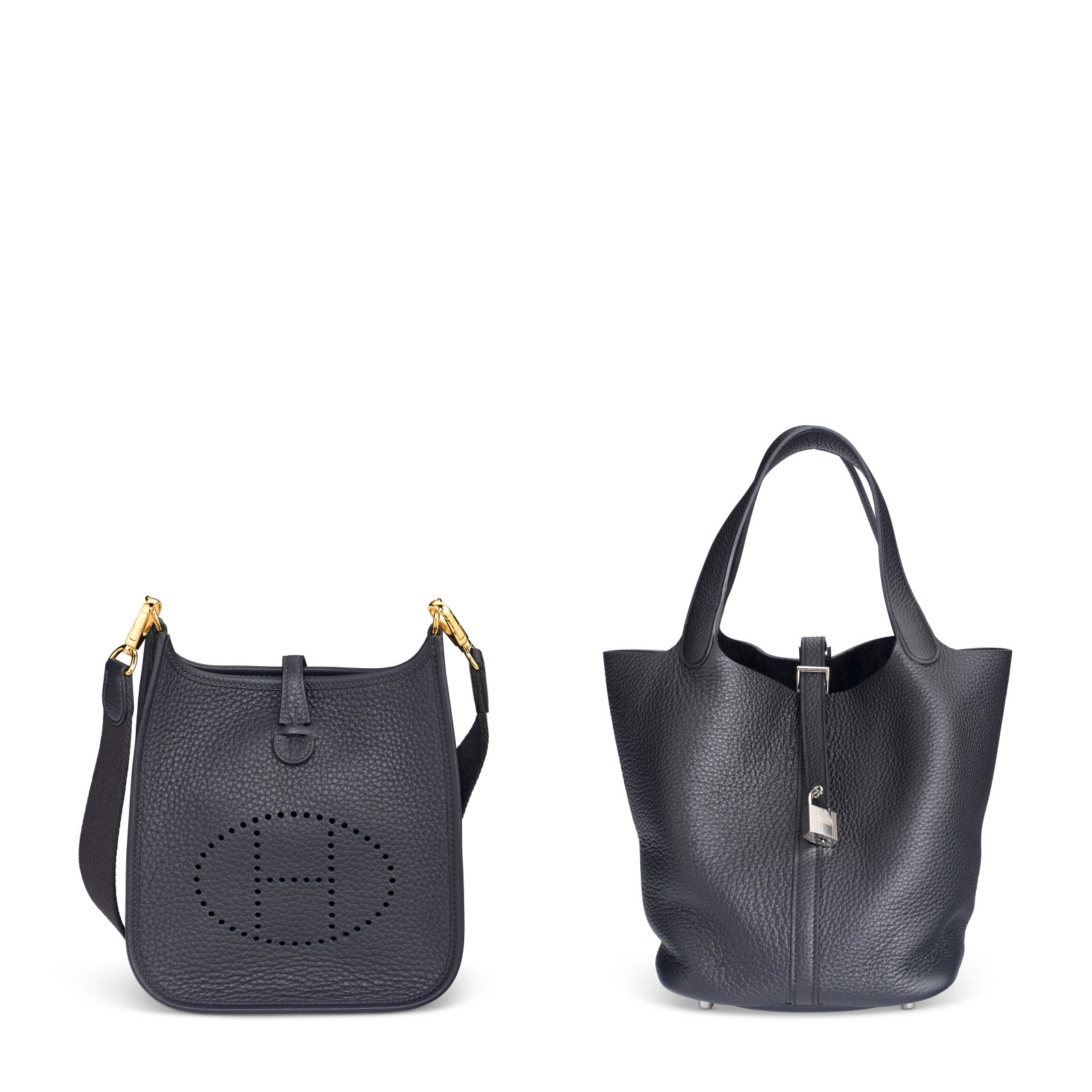 A SET OF TWO: A BLEU NUIT CLÉMENCE LEATHER MINI EVELYNE TPM WITH GOLD HARDWARE & A BLACK (1 of 2)