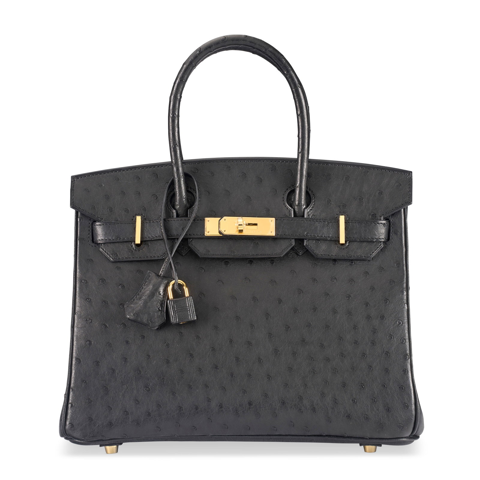 A BLACK OSTRICH BIRKIN 30 WITH GOLD HARDWARE HERMÈS, 2008: Details GRADE: 1 30 w x 22 h x 15 d cm Includes lock, two keys, clochette, clochette dustbag, felt, care booklet, booklet dustbag, rain cover, dustbag and box. FURTHER DETAILS Struthio camelus, South 