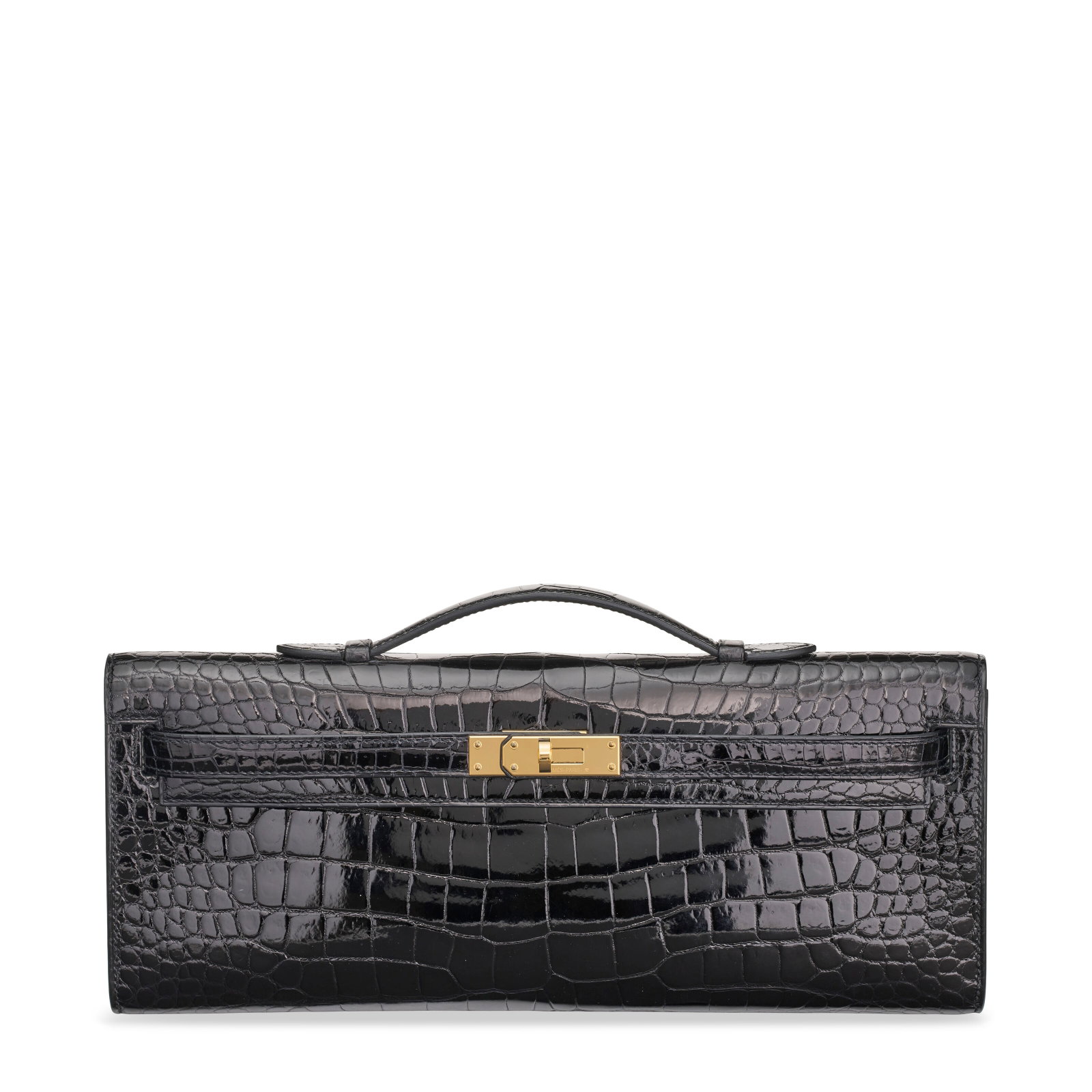 A SHINY BLACK POROSUS CROCODILE KELLY CUT WITH GOLD HARDWARE HERMÈS, 2018: Details GRADE: 2 30.75 w x 12.5 h x 2 d cm Includes dust bag, felt protector, ribbon, and box. FURTHER DETAILS ~~CITES Notice Crocodylus Porosus, Annexe CITES II-B This lot must either be shipped to i