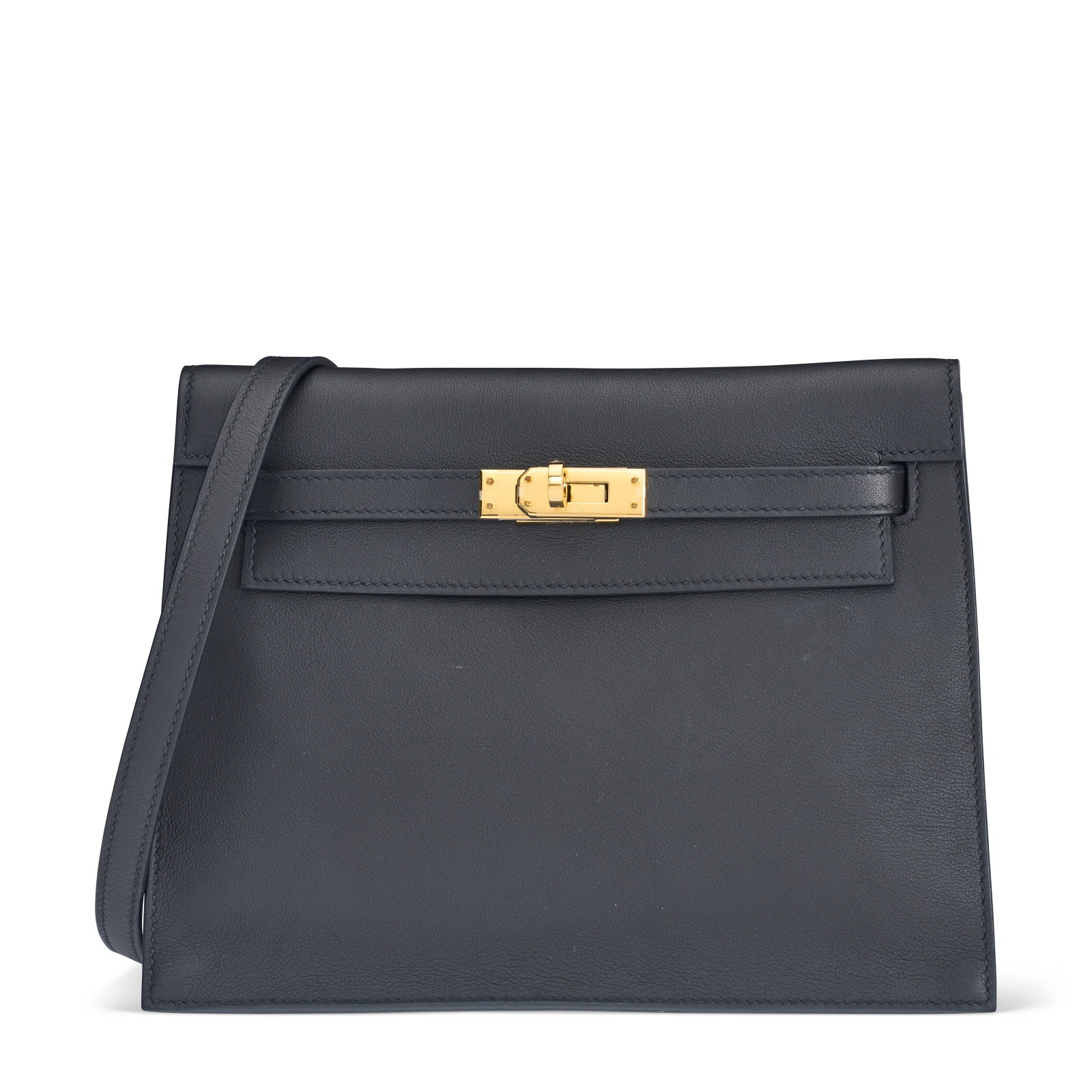 A BLACK SWIFT LEATHER KELLY DANSE WITH GOLD HARDWARE HERMÈS, 2023: Details GRADE: 1.5 22 w x 17 h x 7 d cm Includes shoulder strap, interior base, two small dust bags, dust bag, felt protector, care card, ribbon, and box.