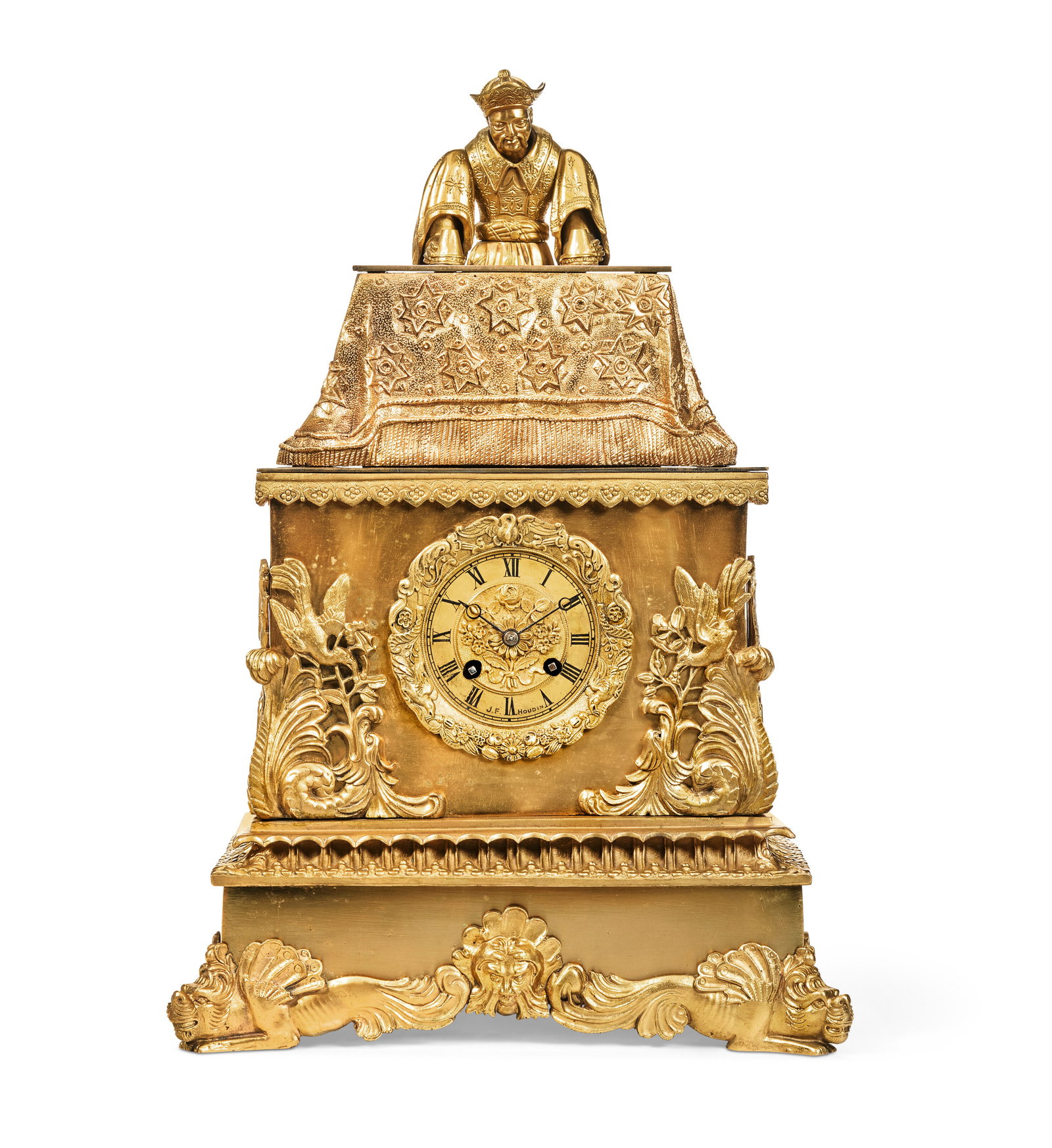 A LOUIS-PHILIPPE ORMOLU 'L'ESCAMOTEUR CHINOIS' AUTOMATON CLOCK BY JEAN-EUGENE ROBERT-HOUDIN, IN THE: Details Modeled as a Chinese magician performing a cup-and-ball trick, on a plinth base centered by a dial signed 'J.F. HOUDIN' and raised on dragon-form feet, the curtain at the front of the magician