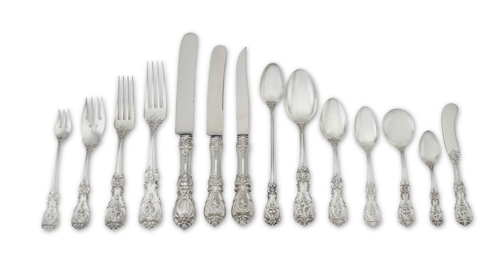 AN AMERICAN SILVER FLATWARE SERVICE MARK OF REED & BARTON, TAUNTON, MASSACHUSETTS, 20TH CENTURY: Details Francis I pattern, variously engraved, most with monogram BNF, comprising: Three tablespoons Twelve dessert spoons Twelve bouillon spoons Twelve iced tea spoons Twelve teaspoons Twelve 5 o'clo