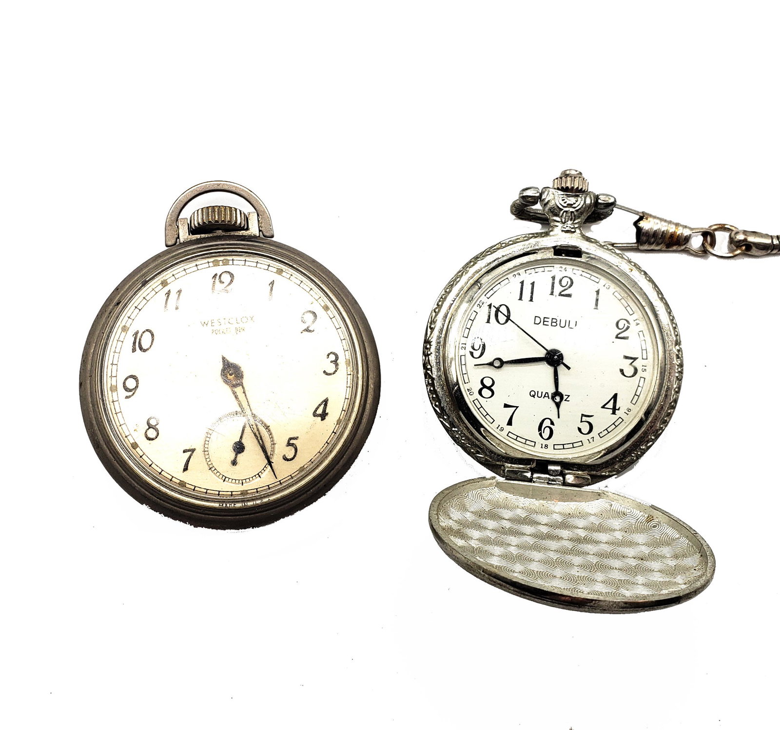 Vintage Men Collectible Pocket Watches In Metal Box!: Vintage men collectible pocket watches in vintage metal box,including a vintage Westclox Pocket Ben wind up pocket watch ticks amd keeps time,and a vintage pocket watch with chain with Muslim dome of 