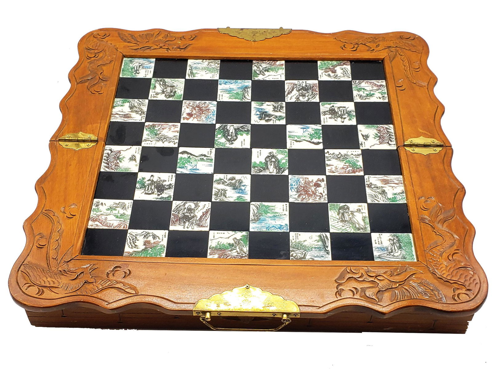 Vintage Chinese Asian Hand Carved Wooden Chess Board !: Vintage Chinese Asian hand wood carved dragon chess board and soapstone figures in jade colors,The set is able to fold up or be put in a stationary position. There are 2 red felt colored drawers that