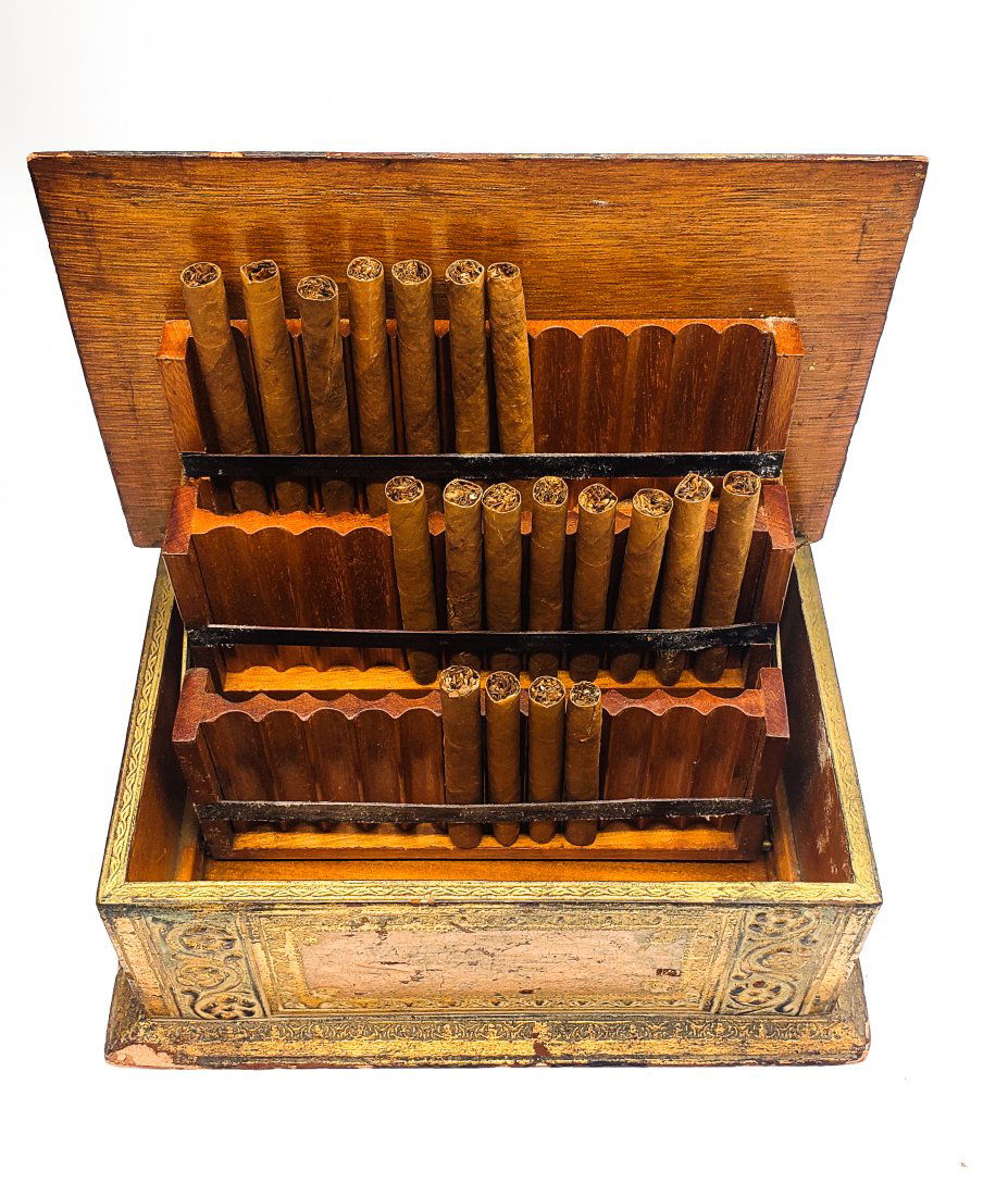 Vintage Wooden Cigarette Case!: Vintage novelty lovely rectangular cigarette & cigars holder and dispenser, with golden paint and art on the outside of box, hinged cover and holds 60 cigarettes ,measures 3 x tall x 7.5" long x 4" wi