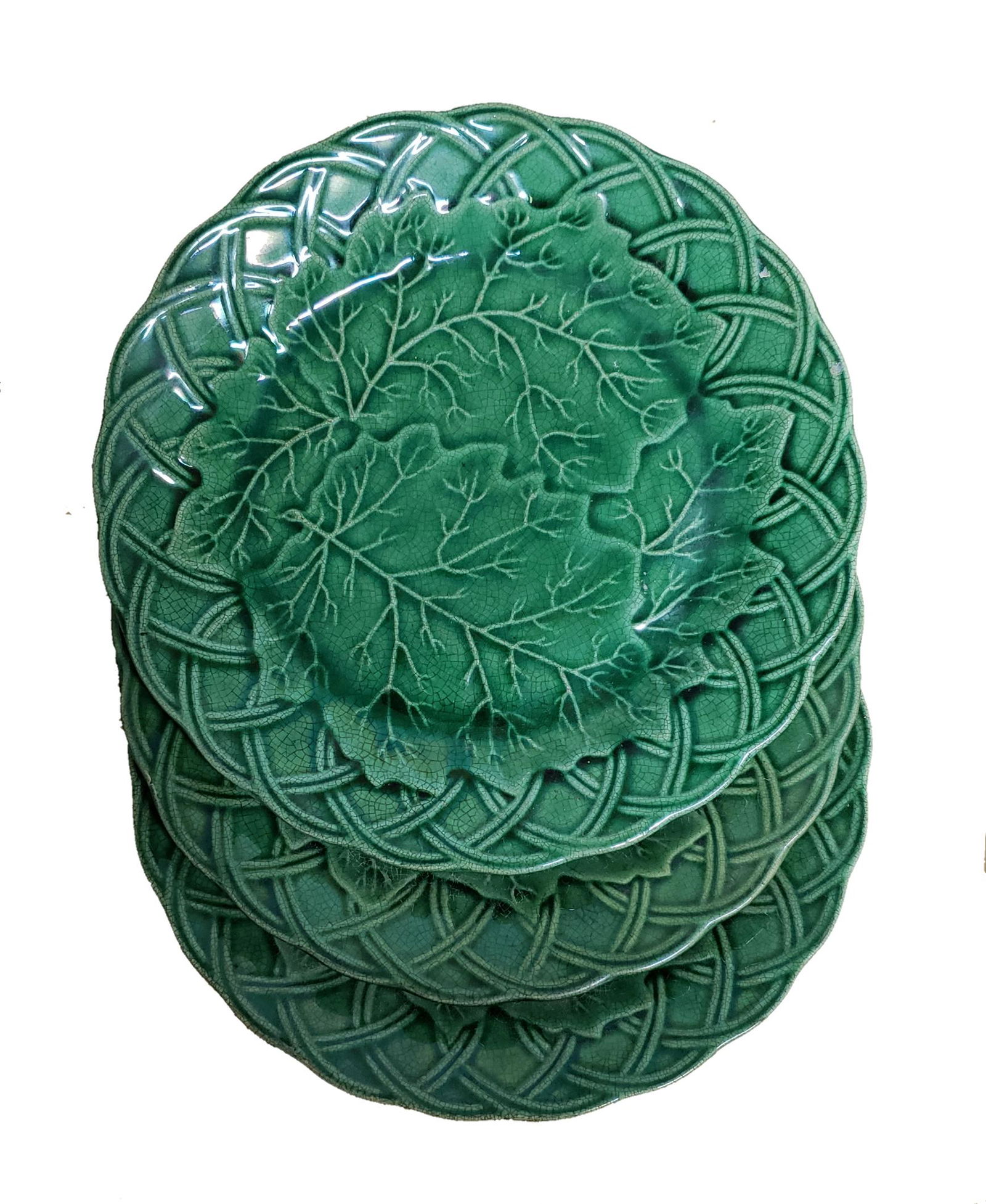 Set Antique Majolica Green Leaves plates! (1 of 4)