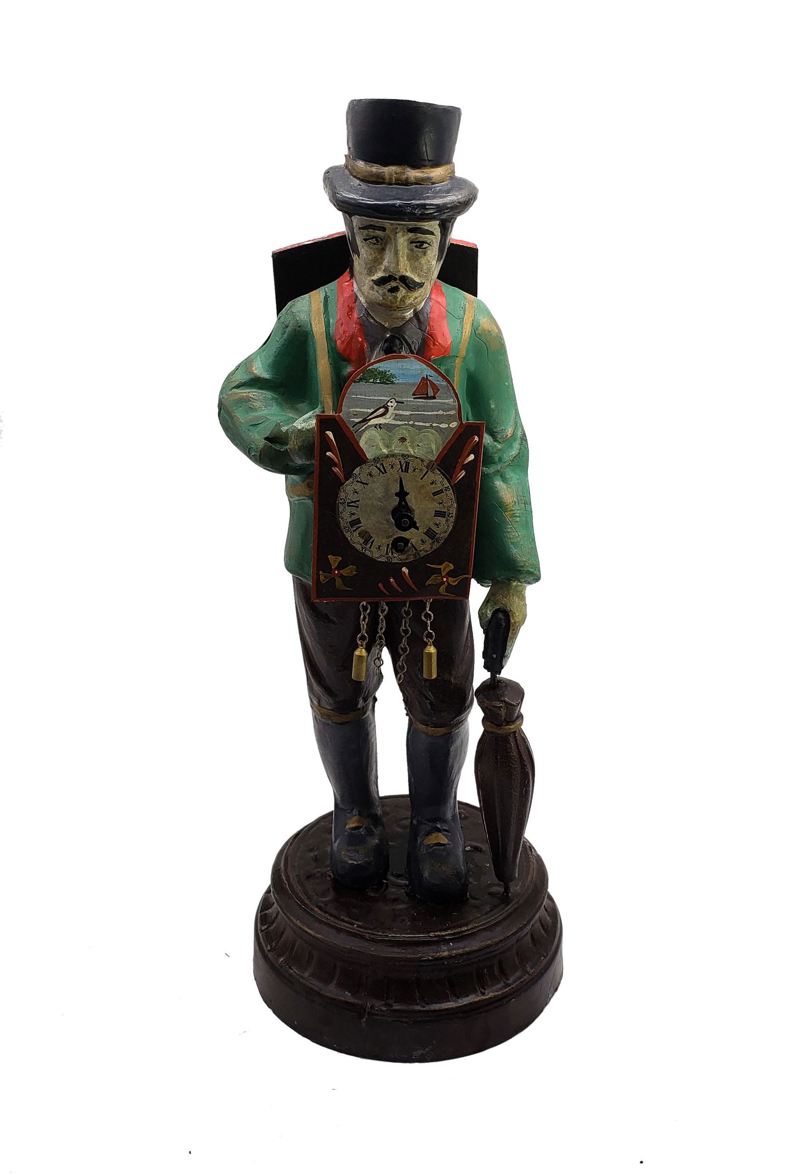 Antique Cast Iron Clock Man Sculpture: Antique rare cast iron clock man sculpture, hand painted, man holding a windup clock, measures 16" tall with 7" diameter stand, it's in good condition, clock mall hand is broken. Please look at the pi