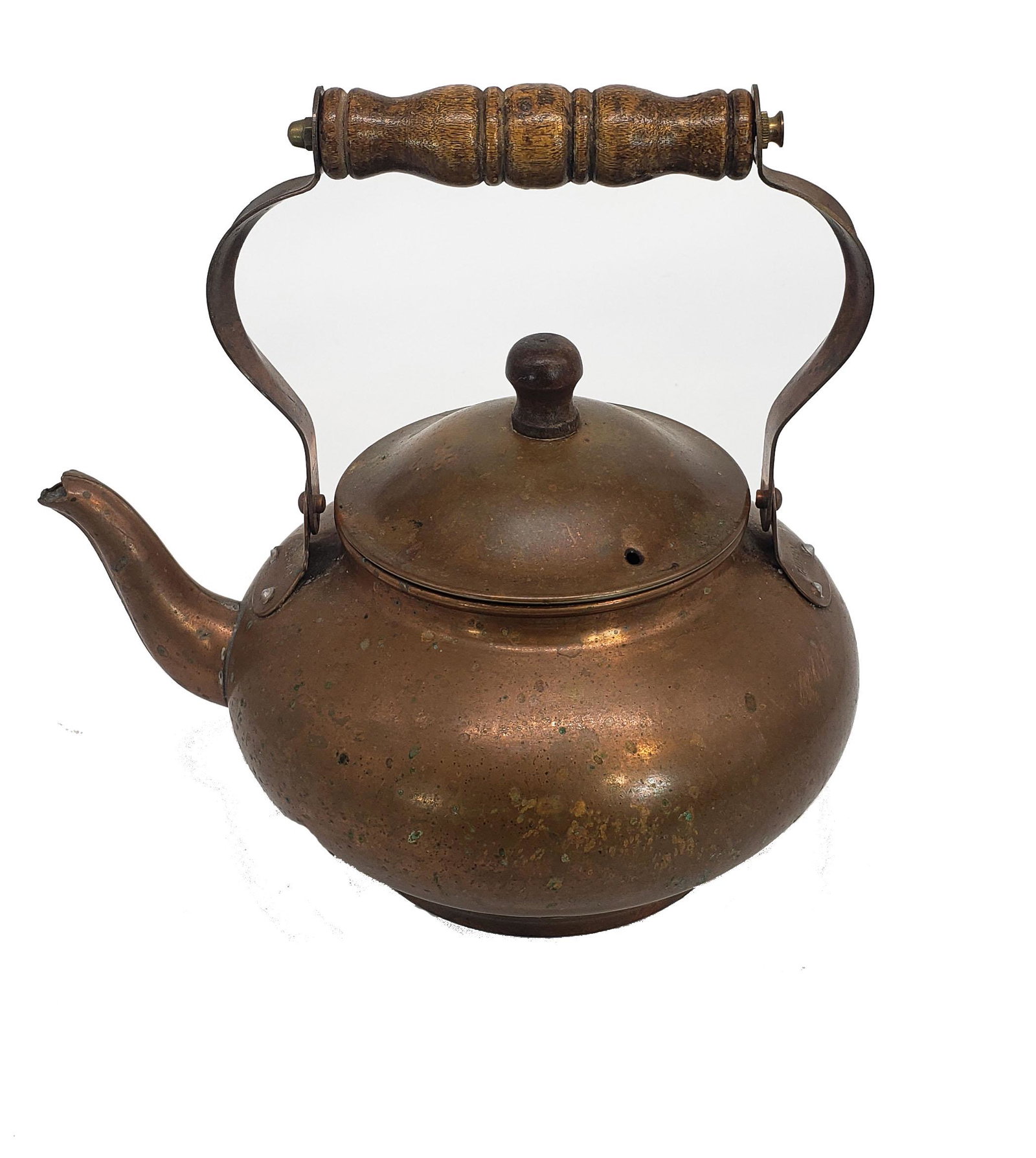 Vintage Cooper Tea Pot!: Vintage copper / plated tea pot with wooden handle made in Taiwan 9" H x 9" W, in used good condition. Please look at the pictures carefully, they are a great part of the description. Most of the item