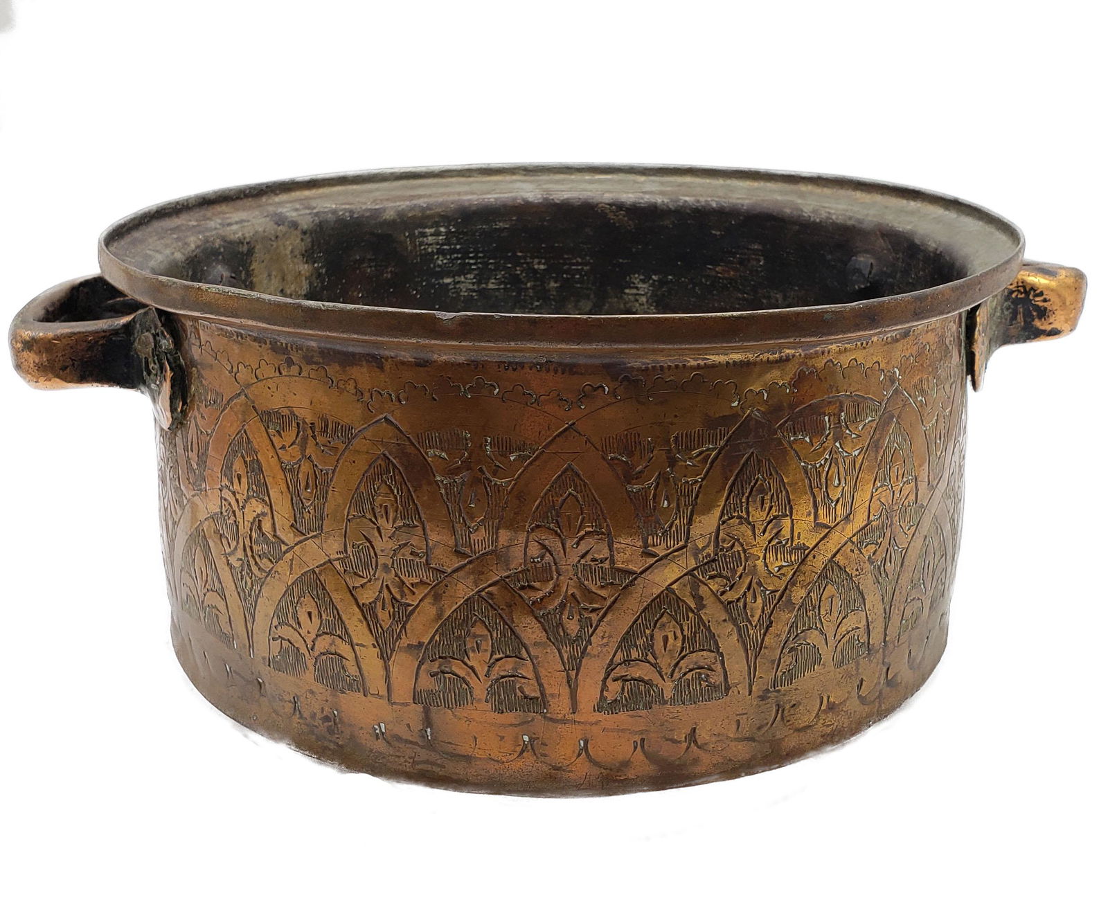 Antique Middle Eastern Persian Copper Pot: Antique middle eastern / Persian Islamic tinned copper pot with It features highly intricate geometric shapes, hand-engraved around the circumference of the tinned copper pot. With two hand-forged wro