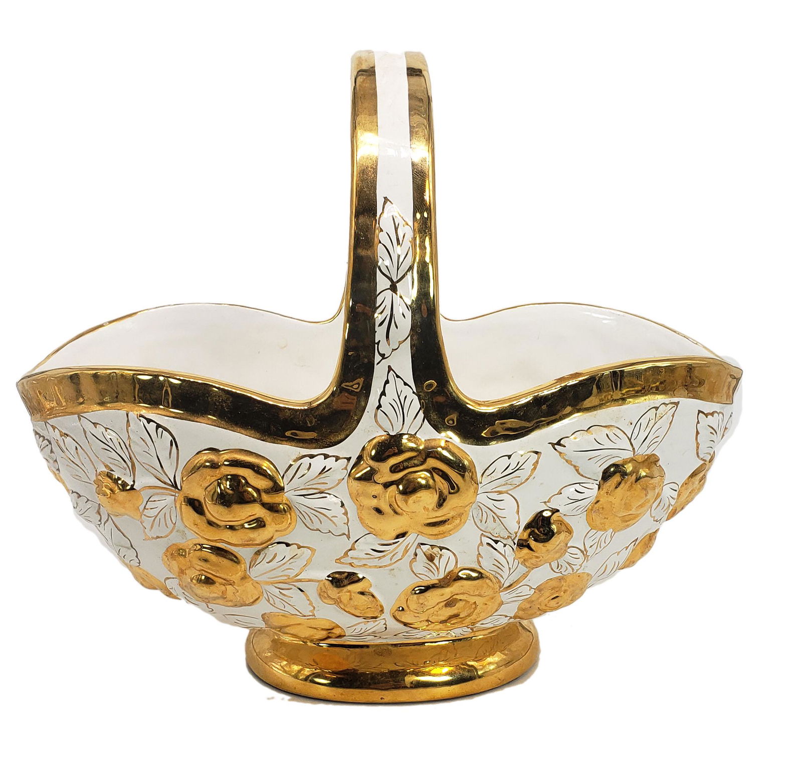 Vintage Alcobaca Portugal Ceramic Basket Bowl: Vintage Ceramic Alocababa Portugal basket dish made by the S.A. Leart Company, white with beautifully gold florals, in very good condition with minor hairline crack inside unnoticeable, measures 9" H