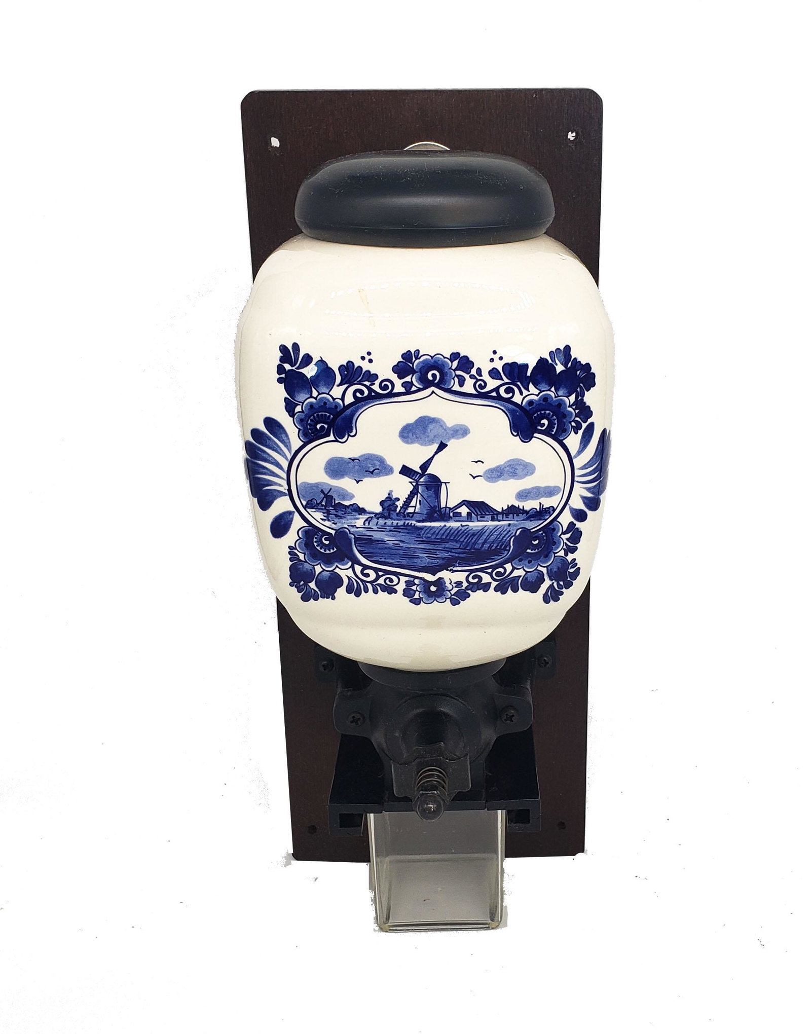 Vintage Delft Blue Porcelain Coffee Grinder: Vintage Delft Blue Porcelain Coffee Grinder Hopper is porcelain with a hard plastic lid. Hopper is approximately 6" high & has a Delft Blue Dutch Windmill design on it. Grinder is cast iron. Glass cat