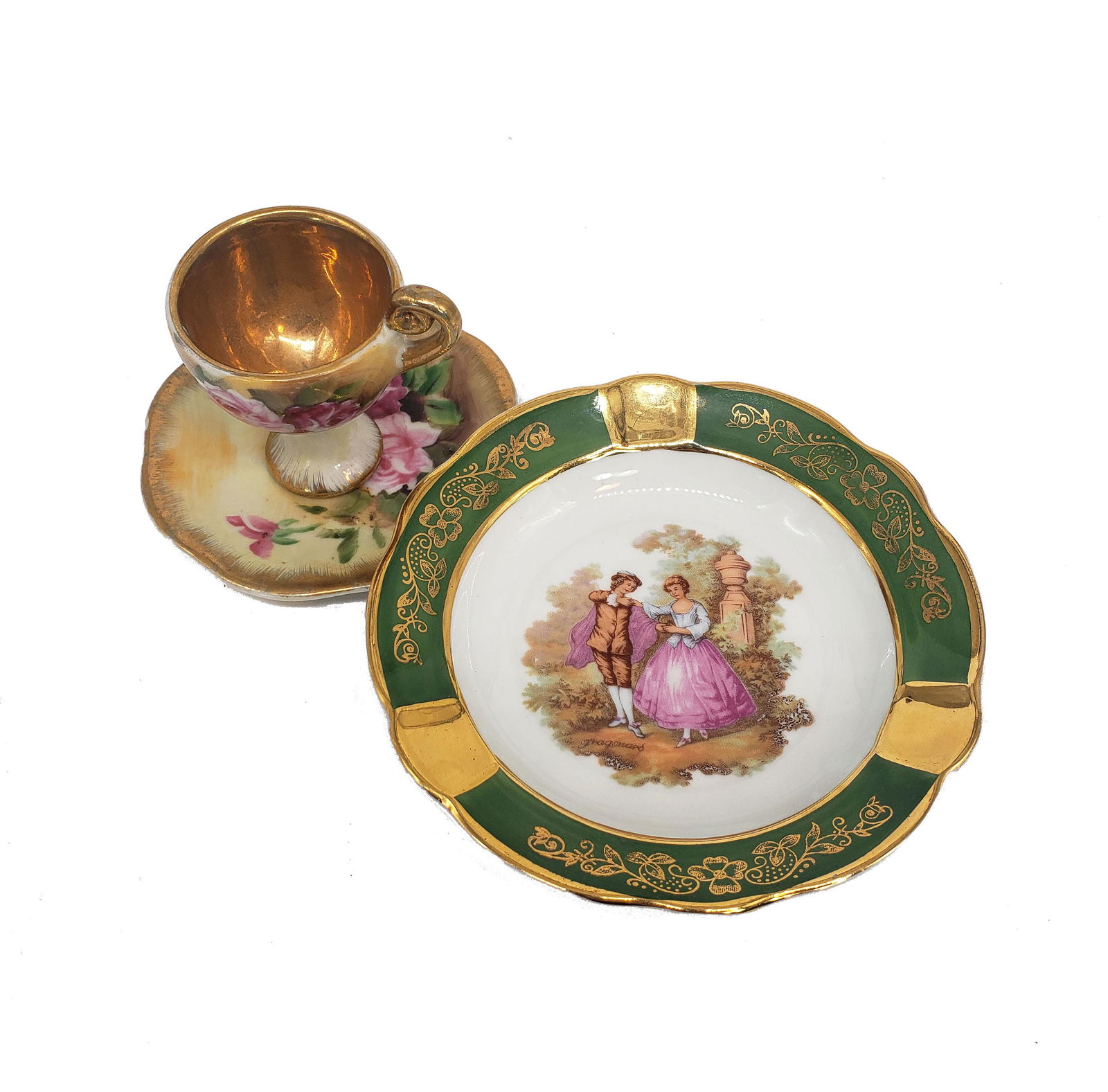 Vintage Limoges French Porcelain Ashtray Lot: Vintage Limoges France porcelain ashtray, Green rimmed with gold leaf and multicolor romancing couple, in excellent condition with minor signs of wear, measures 4.75". Lovely porcelain Tea cup and sau