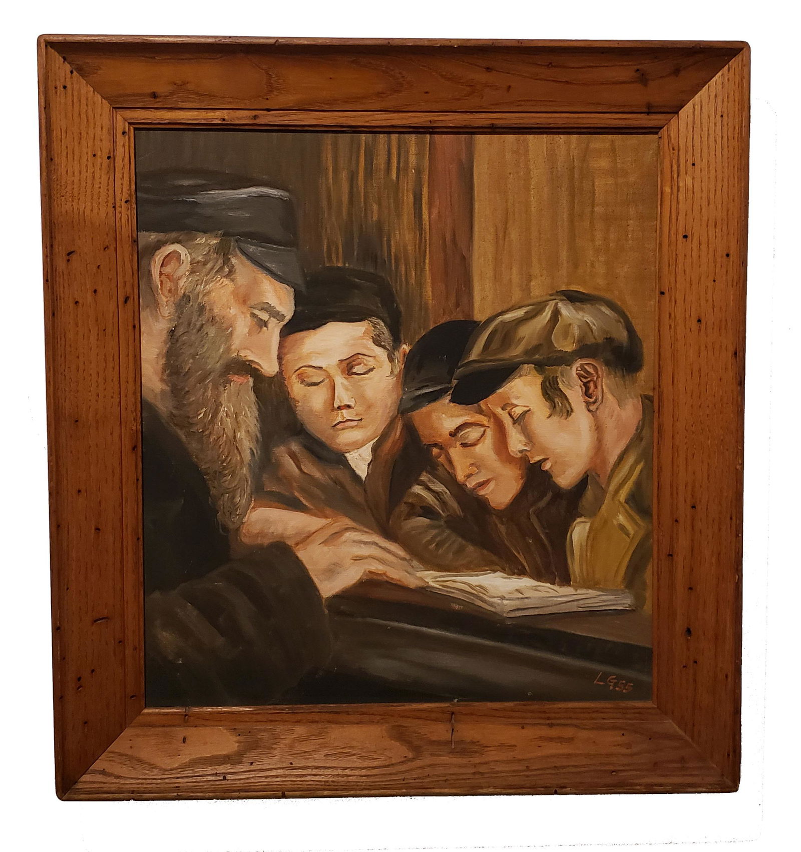Vintage Painting By Leon Goldstein "Cheder": This is a rare beatifull painting oil on canvas by artist Leo Goldstein signed L.G 1955, "The Cheder" (Jewish religious elementary school).in a nice wooden frame, painting measures 19" x 17", frame me