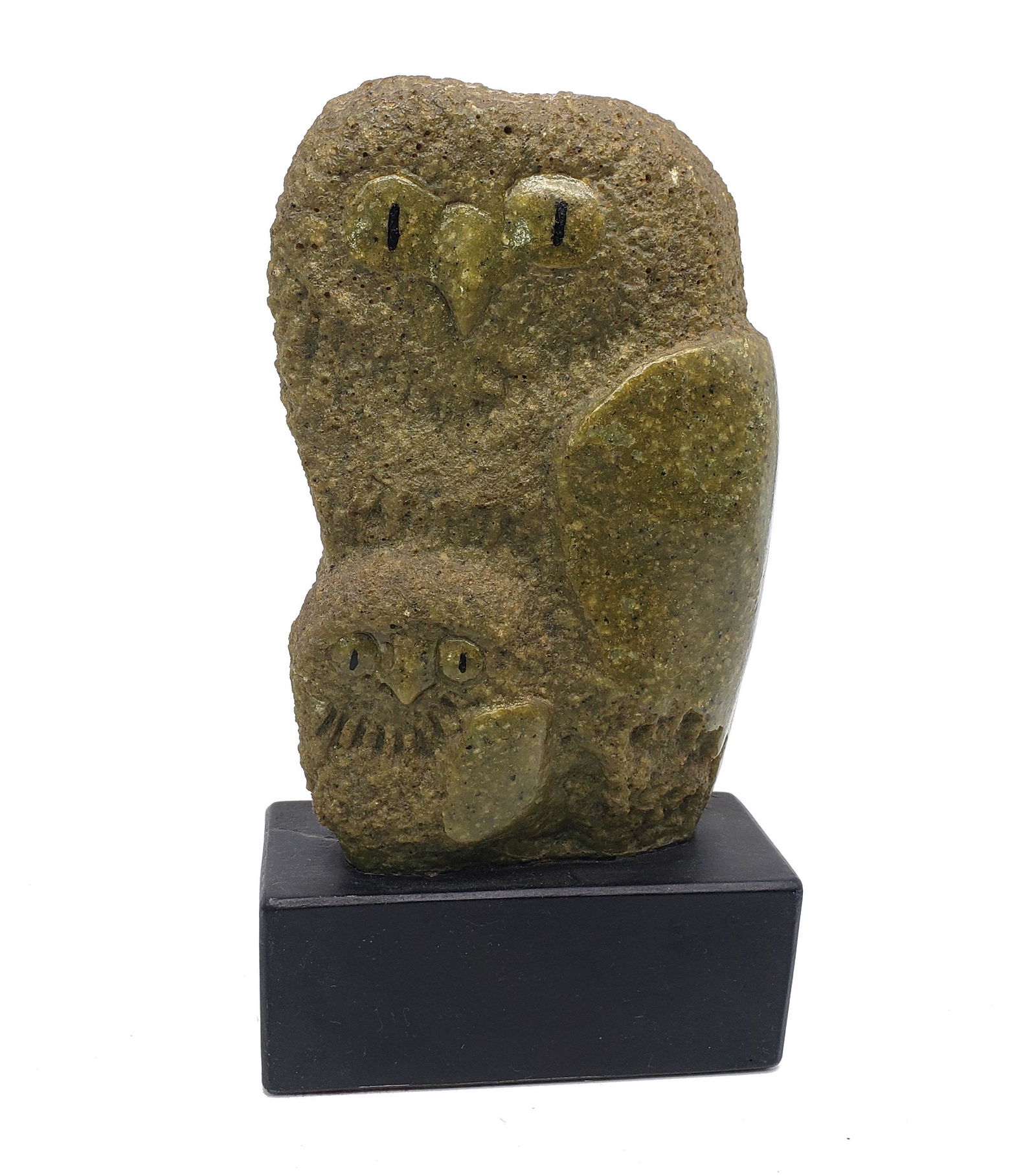 Vintage Frank Eliscu Owls Sculpture!: Vintage Frank Eliscu (American, 1913-1996), Owls Sculpture, best known for sculpting the Heisman Memorial Trophy, green "granite" sculpture depicting a mother owl and baby, c.1969, on black base signe
