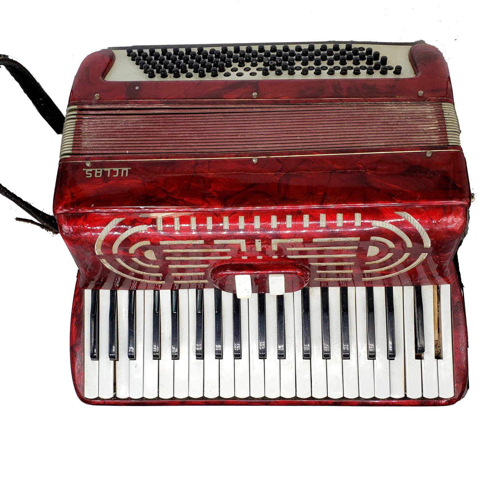 Vintage Red Accordion Uclas: Vintage red accordion UCLAS maker, selling as is for repair some, keys are broken, some buttons stuck. Very worn. Please look at the pictures carefully, they are a great part of the description. Most 