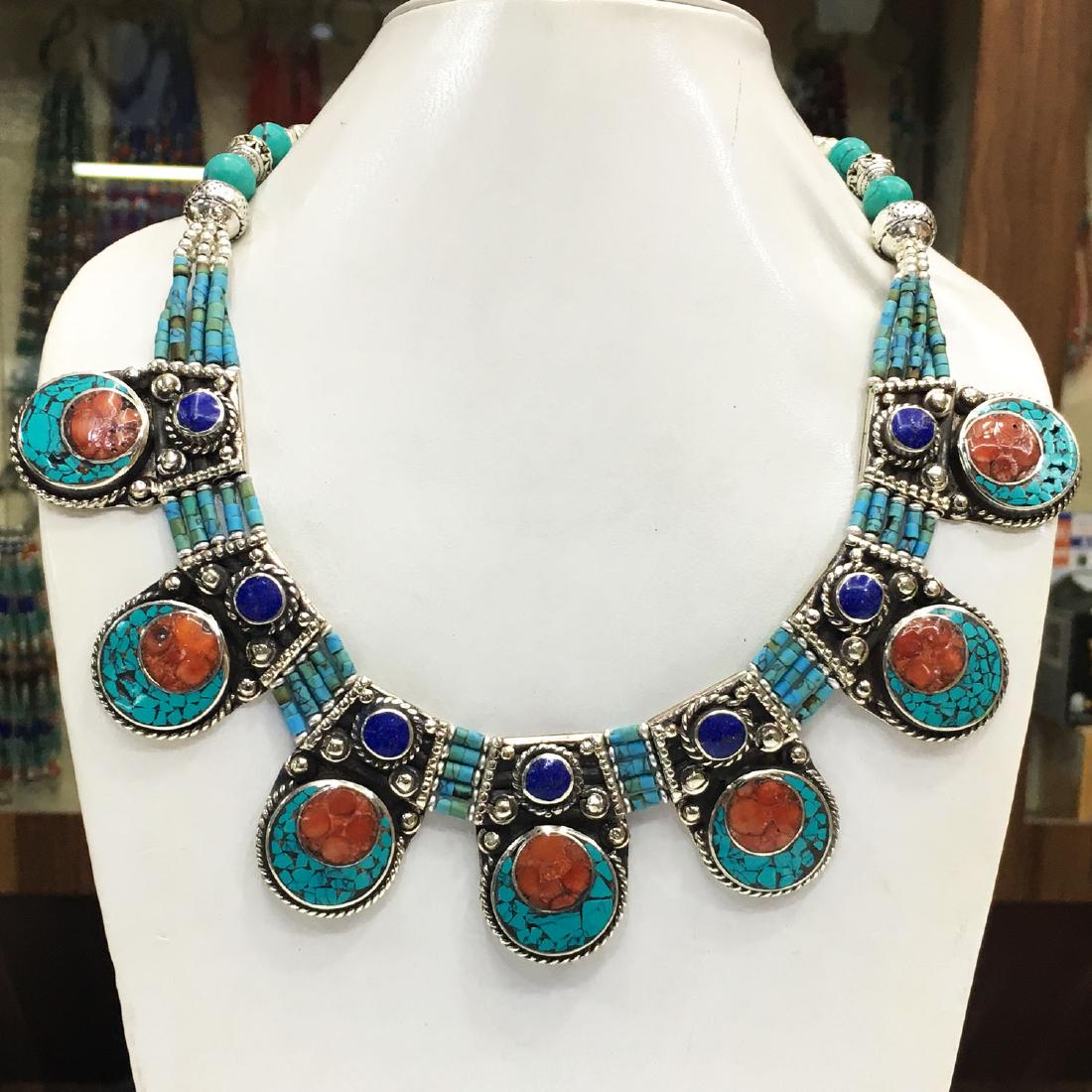Tibetan Buddhist Turquoise & Coral Vintage Necklace: Tibetan Handmade Ethnic Necklace Main Stone: Turquoise & Coral Metal: Tibetan Silver Length (inches): 18 Material: Stone Brand: Handmade Style: Bohemian Ethnic Origin: Tibetan Country/Region of Manufa