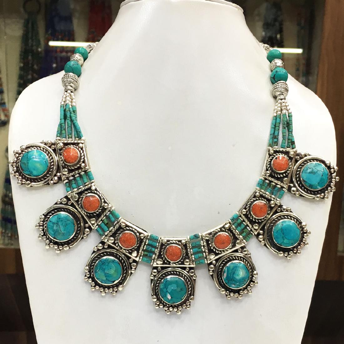 Ethnic Turquoise & Coral Choker Handmade Necklace: Tibetan Handmade Ethnic Necklace Main Stone: Turquoise, Coral & Lapis Metal: Tibetan Silver Size(Inch): 18 Material: Stone Brand: Handmade Style: Bohemian Ethnic Origin: Tibetan Country/Region of Manu