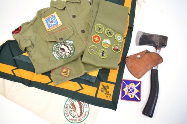 Vintage Boy Scouts of America Lot and Axe: Shirt with Patches, Sash with merit badges, Hat, Medium, 6 3/4 - 6 7/8, no name, 3 Neckerchiefs, Including Staff, Belt with BSA Brass Buckle, Life Guard patch, True Temper Hatchet marked BSA with BSA