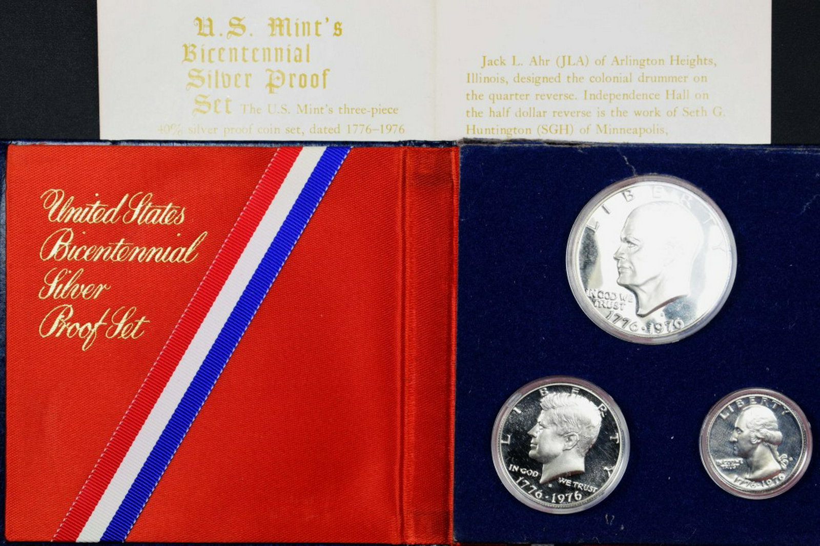 1976 silver proof set (3 coins) & dimes (4 coins): An American classic! 1976 PROOF Bicentennial Washington quarter, Kennedy half dollar, and Eisenhower dollar, each rendered in 90% silver. Also includes a "Dimes of the 20th century"