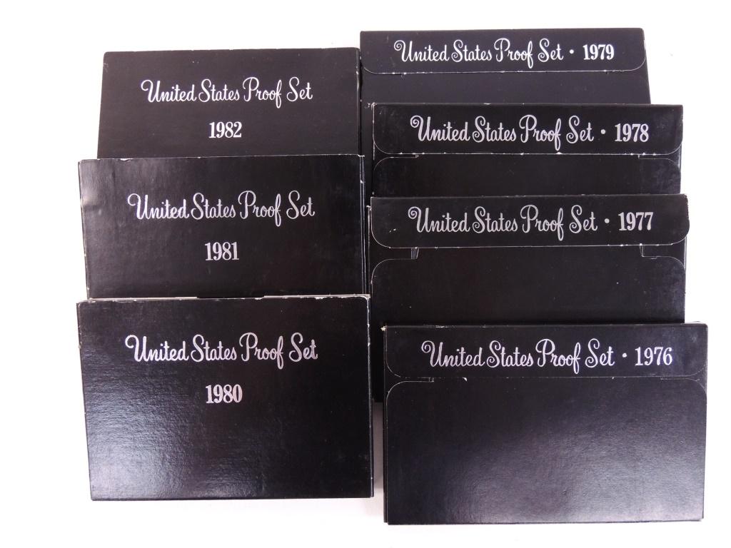 U.S. Mint proof sets-1976, 77, 78, 79, 80, 81, 82: U.S. Mint proof sets in original packaging from 1976, 1977, 1978, 1979, 1980, 1981, and 1982. SEVEN sets in all.