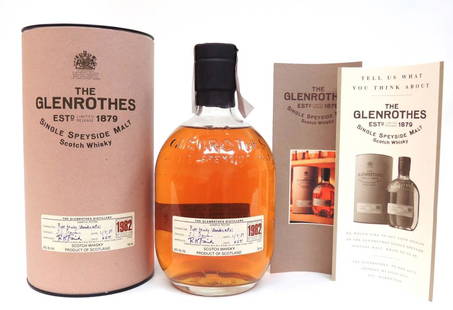 Glenrothes Scotch Whisky Bottle, Sealed: Single Malt. Distilled 12/4/1982. Bottled 6/12/1997. In canister with literature.