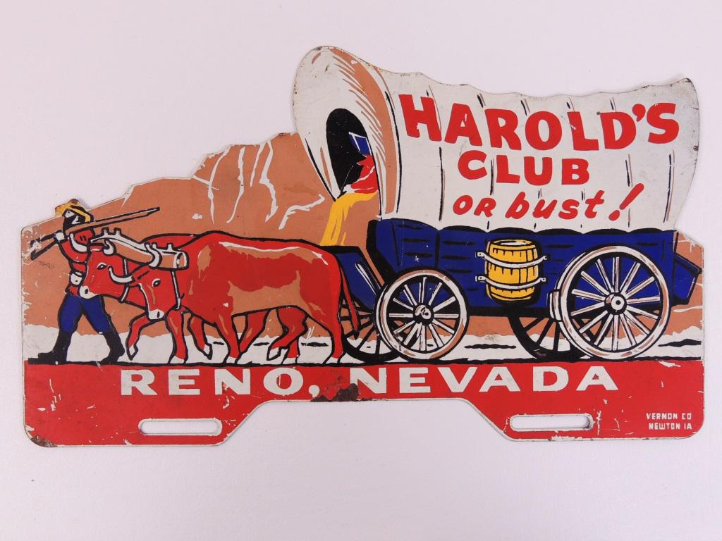 Harold's Club Reno Metal Sign, 1947 Advertisement: Original Metal Sign in Good Condition. Well- Preserved. Unrestored. 14" x 8". License Plate Topper.