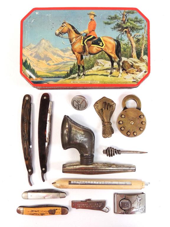 Straight Razors, No-Key Lock, & Pocket Knives: Includes Josef H Rodgers & Sons straight razor, King Razor Mfg Co straight razor, Camillus pocket knife, 32233 pocket knife, Wikies belt buckle, No-Key lock, Mile-O-Graph, Marshall Field & Co button &