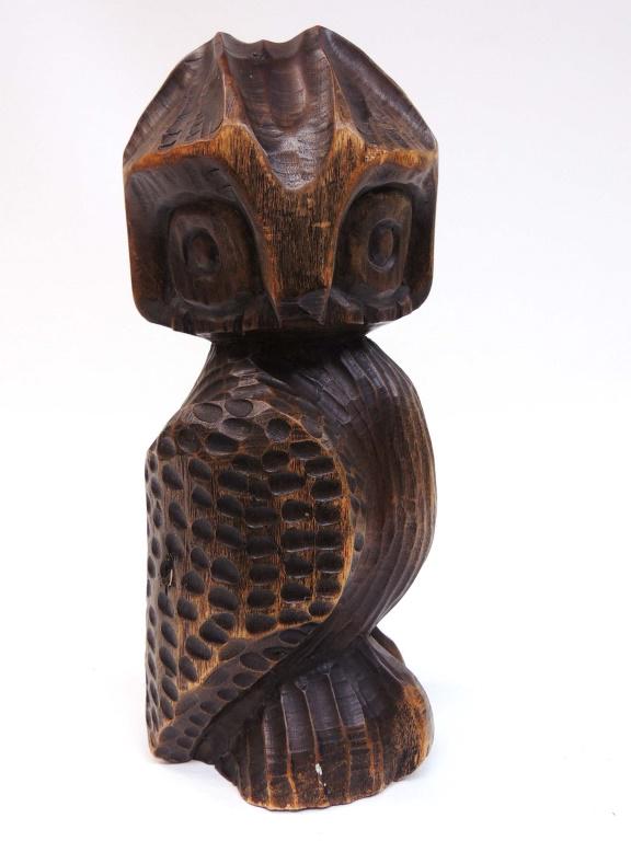 Wood Owl Sculpture by Norman Campbell: Marked "Norman Campbell JA 79" 11" tall