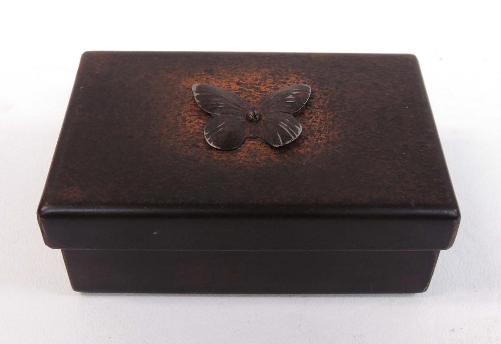 Giving Box, Barboglio: Small Metal Box with Butterfly on Lid, Rusty Brown, 4" Wide X 2.5" Long
