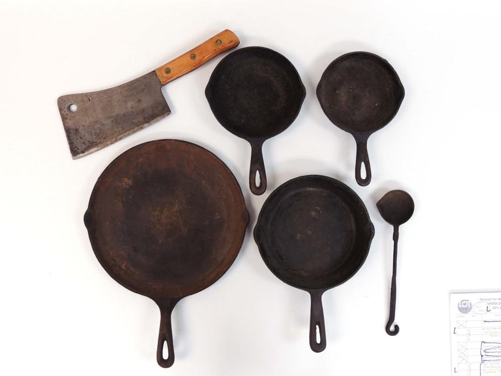 Cast Iron Skillets, Ladle, & Steel Meat Cleaver: Includes Simco steel meat cleaver, Griswold cast iron 11.25" skillet (202A), Wagner skillet, Sun skillet, unmarked skillet, & unmarked cast iron ladle. Local Pick Up or Third Party Ship only.