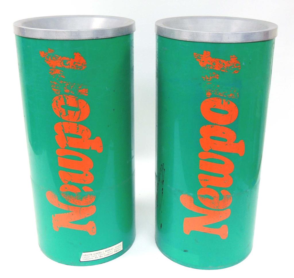 2 Newport Standing Ashtrays - Vintage: 1 ashtray has splitting (damage). 21" Tall, 10" Diameter. Tobacco / Cigarette Advertising. Local Pick up or Third Party Ship only.