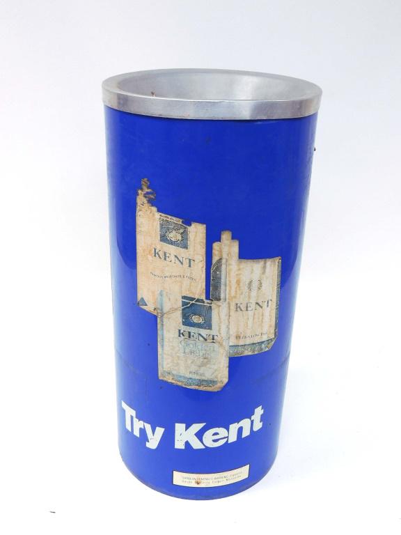 Vintage Standing Kent Ashtray: Tobacco / Cigarette Advertising. 21" Tall, 10" Diameter. Local Pick up or Third Party Ship only. Labels in Fair Condition.