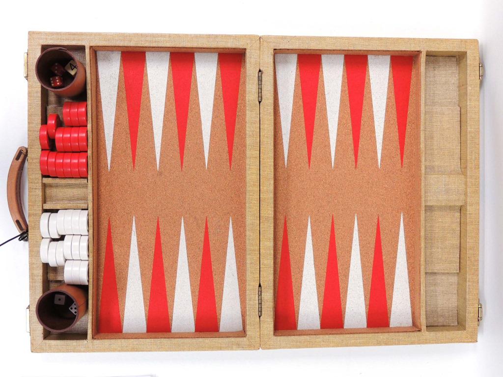 Backgammon Set - Vintage: Crisloid, with key. Closed: 19 x 13.75 x 3.25" Open, each of the 2 board sections interior (2 Play areas): 17.25 x 9.25"