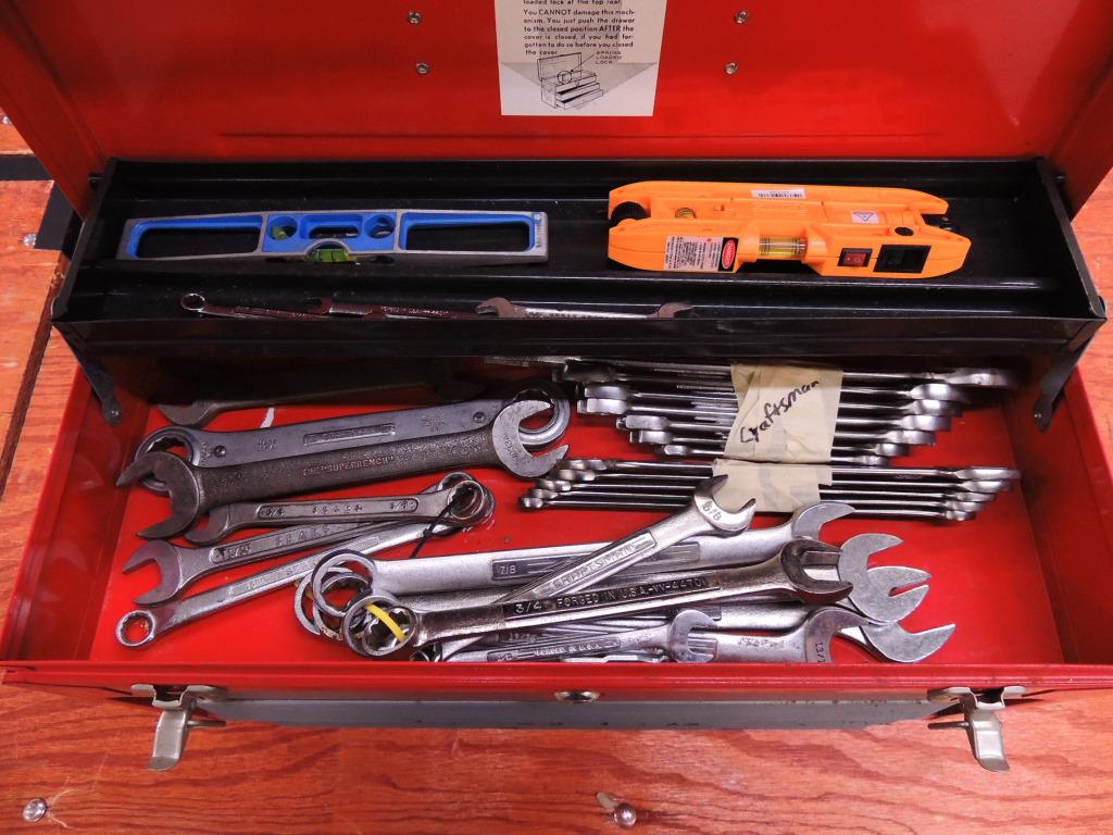 Craftsman Toolbox and Tool Lot: Craftsman toolbox with lock and keys. Johnson Laserlevel (40-0915), mini-level, Craftsman Open End Wrench Set (7). Craftsman Long Open-end Wrenches (5). Craftsman Ratchet Wrench (7/8, 3/16). Set of Cr