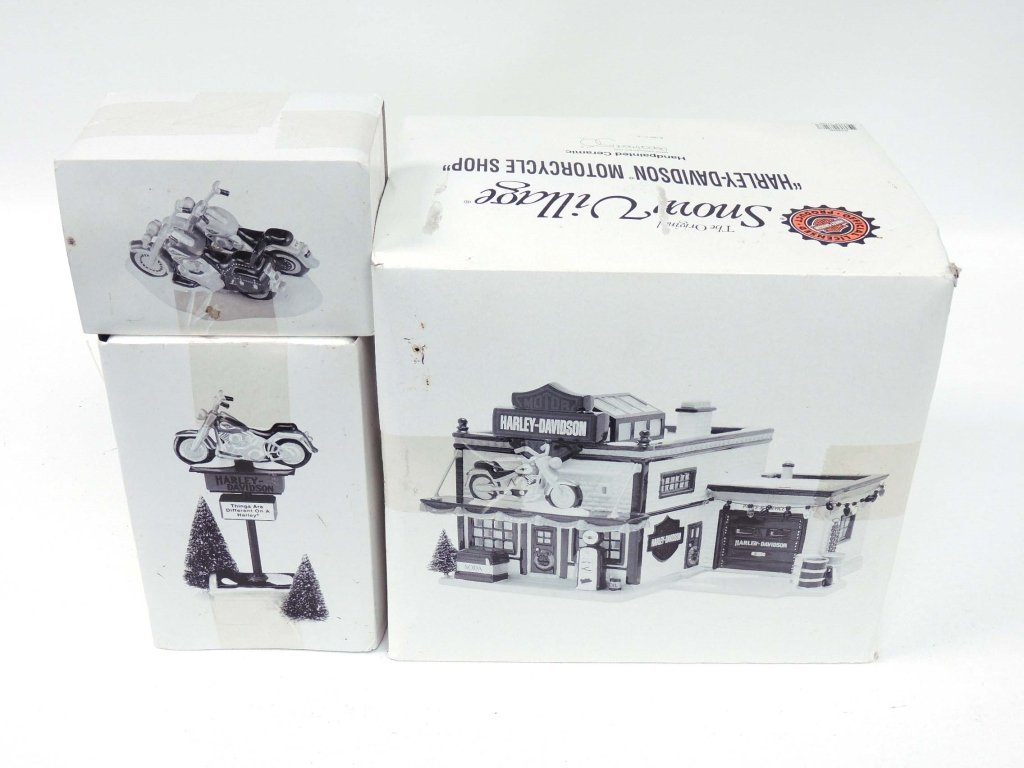 Department 56 Harley Davidson - 3 pcs., Christmas: New in box - all 3 are still sealed. Snow Village Collection Harley Davidson Motorcycle Shop, #54886, 1997. Harley Davidson Sign, #54901, 1997. Harley Davidson Fatboy and Softail, #54900, 1997.