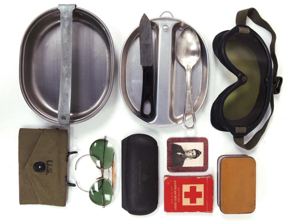 WWII Military Misc. Lot - Sunglasses, ephemera...: Aviator Sunglasses. Books, Cards, Photo, Unarmed Combat Book for U.S. Military, Shirt, hat, tie, gear, mess kit. Estimated time of sale: 6:43pm CST.