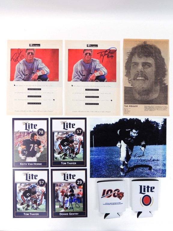 Lot of Football Autographs & Bears 100 Can cozies: Dennis Gentry, Keith Van Horne, Tom Thayer, Ted Albrecht, Tom Waddle, Frank Varrichione (5x Pro Bowl)