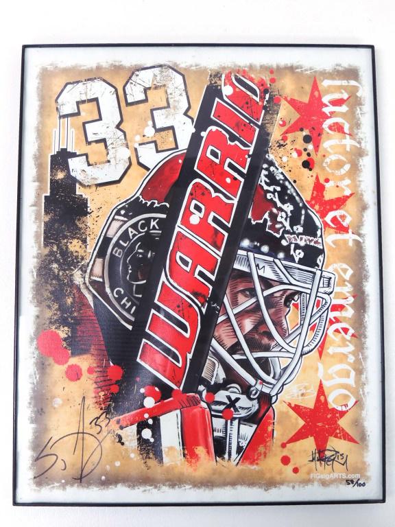 Blackhawks Lot: Includes Jonathan Toews Fist Bump n Buddy, Patrick Kane plush doll, 1990 t-shirt w/ faded autographs (Chelios, Belfour, Foley, & more), Fig Sig Arts Scott Darling signed art (#58/100)