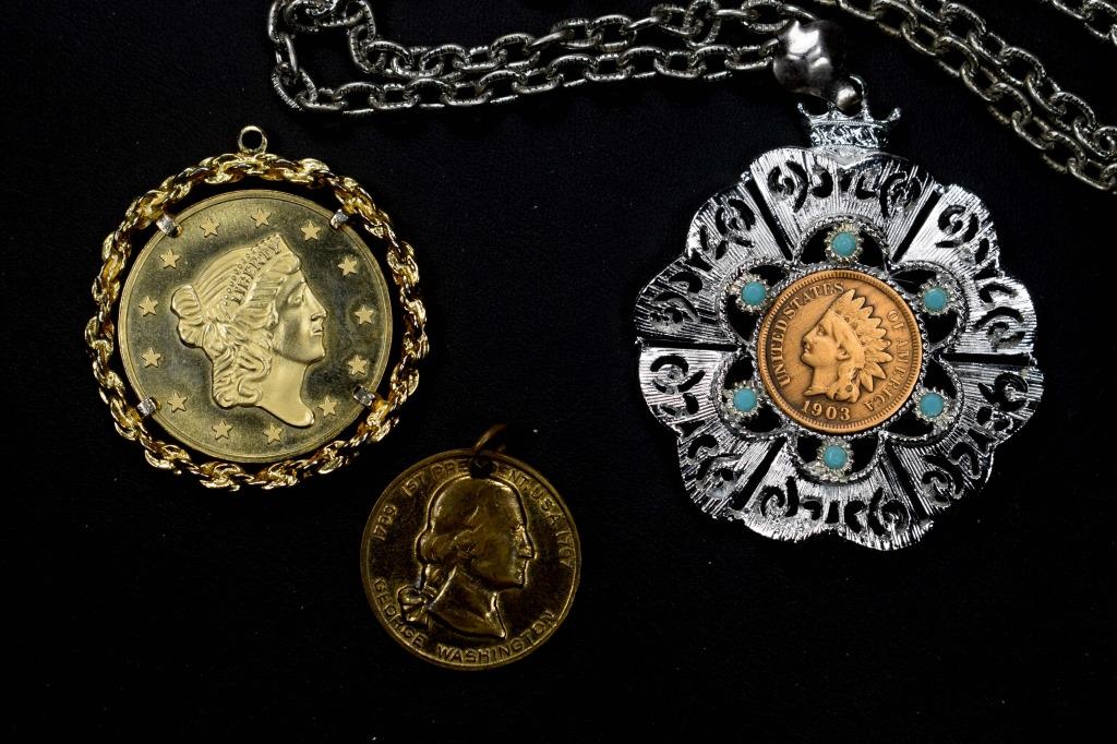 Coin related jewelry (3): silver plate necklace with 1903 Indian head penny, and 2 other pieces.