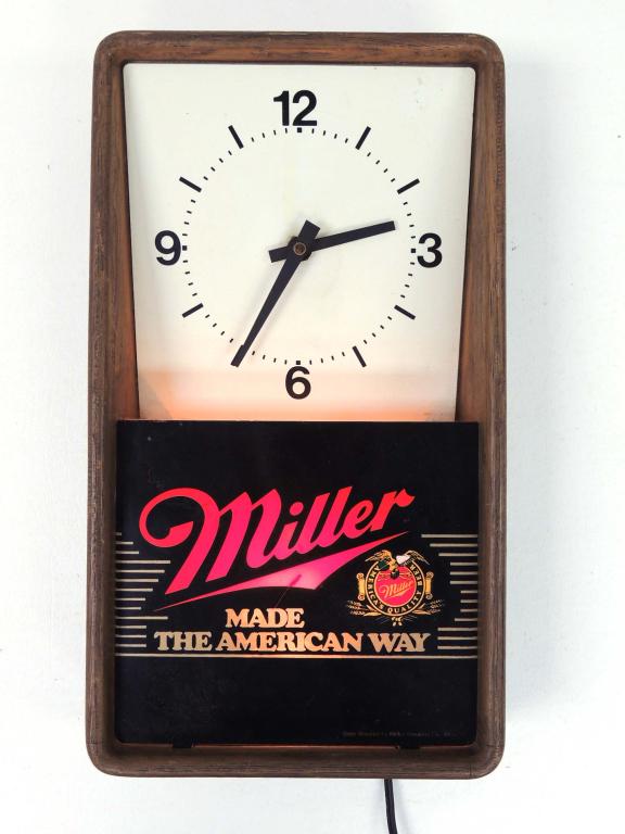 Miller Lite light up clock: Miller- Made the American Way- Lights up, 8" x 14.25".