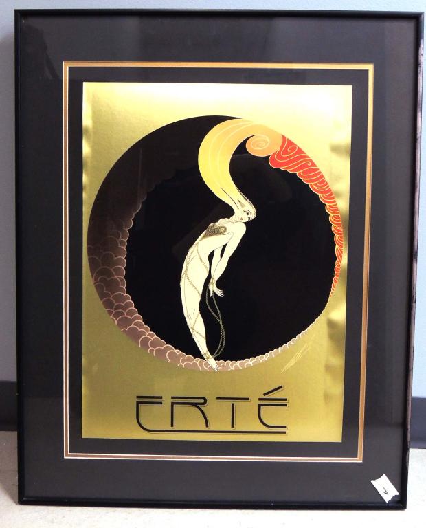 Art: Framed, Erte, possibly signed: L'Amour, from Four Emotions Suite, 1979 Seriagraph (?) Poster. Small crack in corner of glass. * * Local Pick-up or Third Party Shipping Only * *
