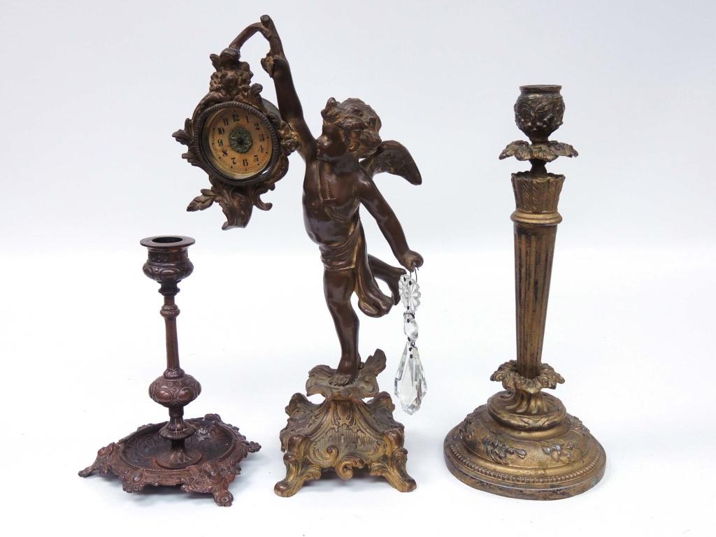 Brass Vintage Lot: Brass clock (Not working), Cherub & Hanging crystals, Candlestick.